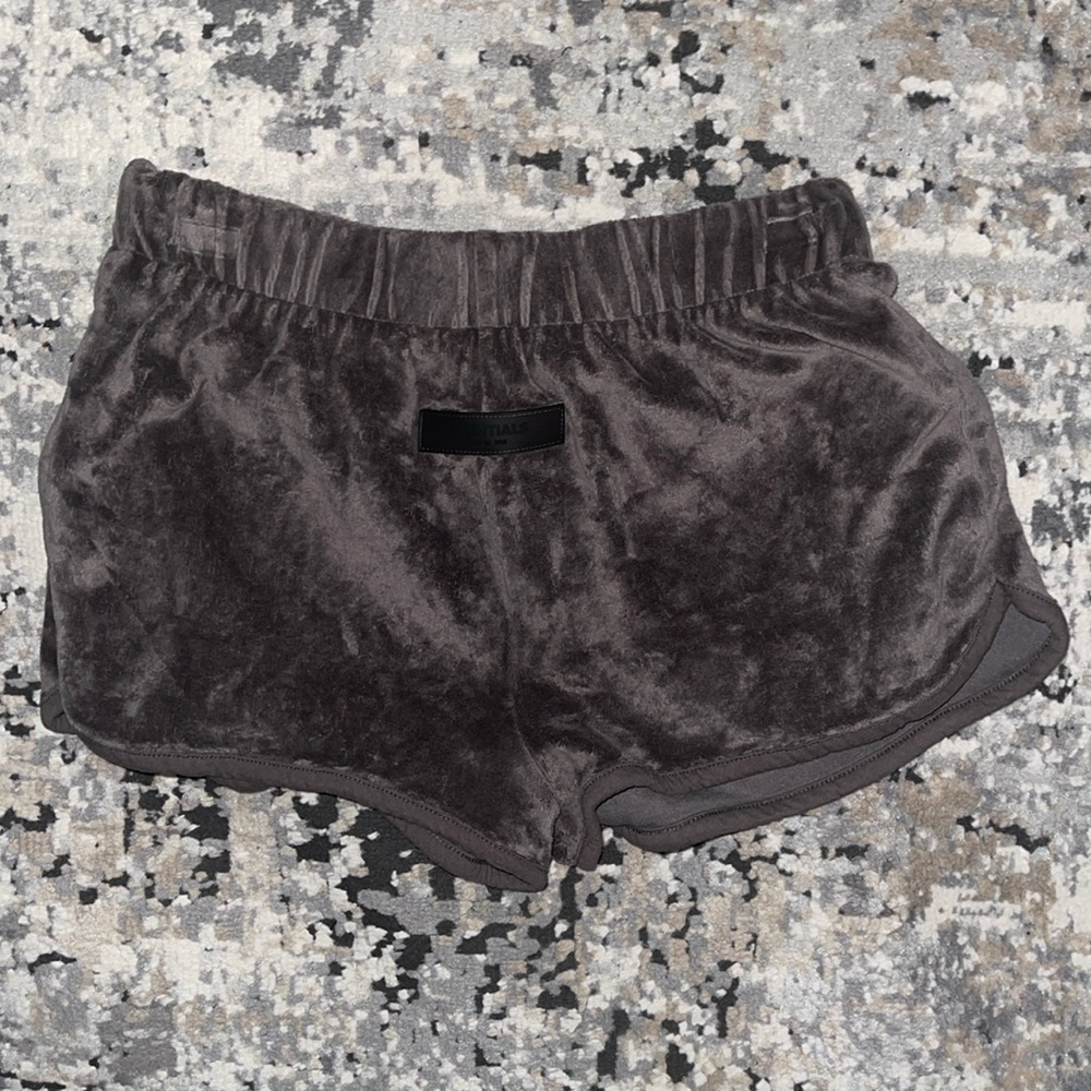 Off-black velour fear of god essential shorts